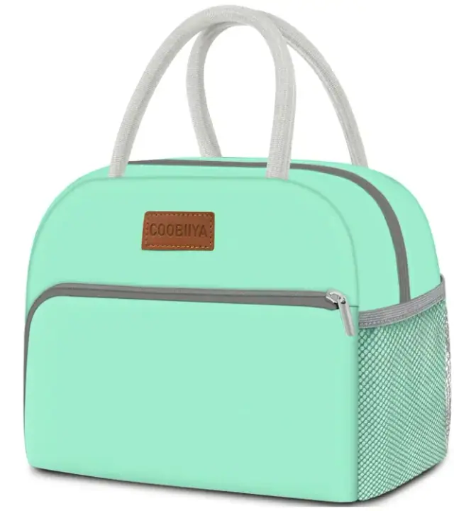 Coobiiya lunch tote in mint green with light handles, a front zip pocket and a side mesh pocket