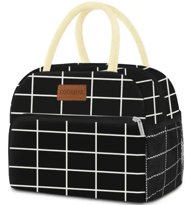 Coobiiya black lunch tote with a white windowpane plaid pattern, light handles and a side mesh pocket