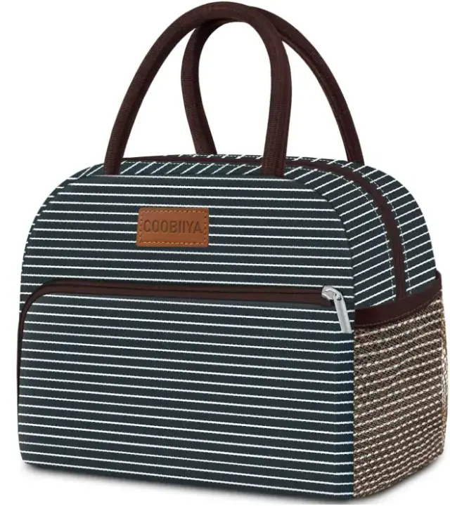 Coobiiya dark striped lunch tote with brown handles, a front zip pocket and a side mesh pocket