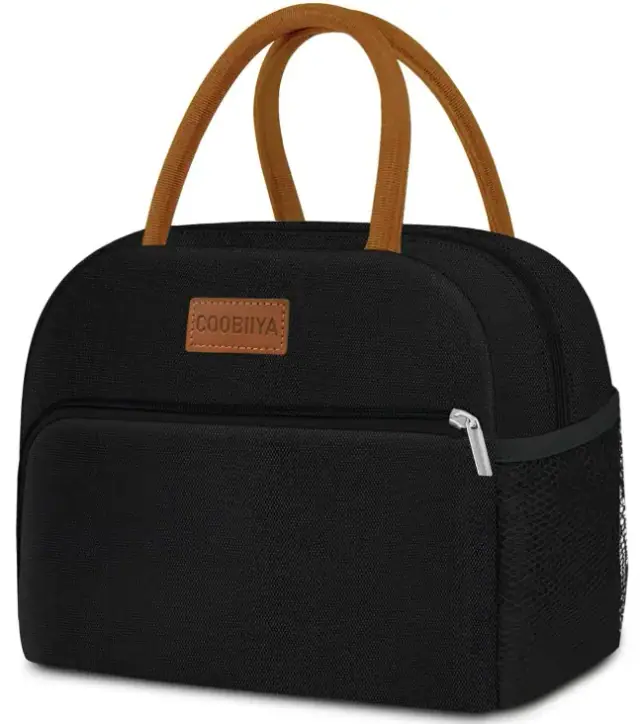 Coobiiya solid black lunch tote with brown handles, a front zip pocket and a side mesh pocket