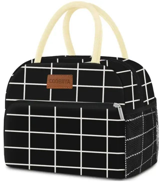 Coobiiya black lunch tote with a white windowpane plaid pattern and light handles