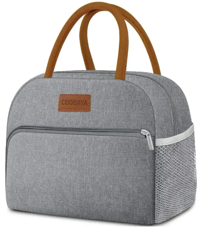Coobiiya solid gray lunch tote with brown handles, a front zip pocket and a side mesh pocket