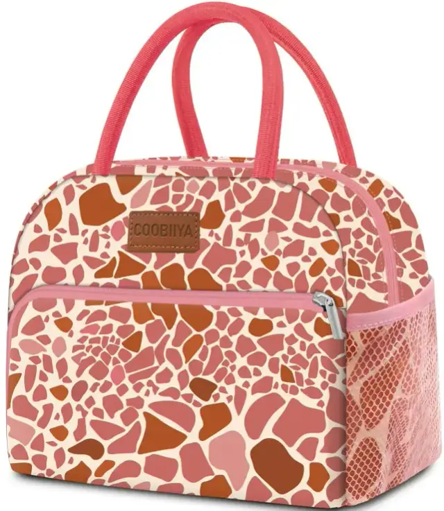 Coobiiya lunch tote with a pink animal-print pattern, pink handles and a side mesh pocket